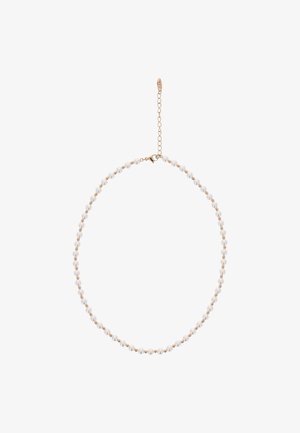 Valkoinen helminauha, jossa on kultaiset yksityiskohdat. Sisältää lukon ja säädettävän ketjun pituuden mukauttamiseksi. Pyöreä muotoilu, jossa on sileä pinta.