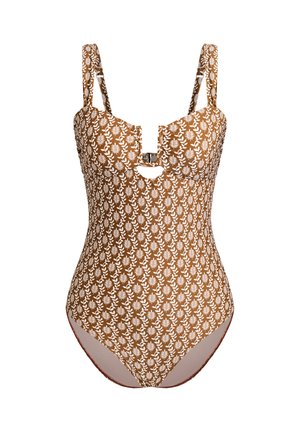 Costume intero floreale marrone con motivi di foglie bianche, caratterizzato da spalline regolabili, scollo frontale a taglio e bordi senza cuciture per una vestibilità perfetta.