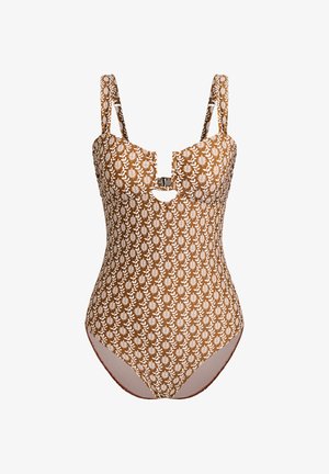 Brown floral one-piece swimsuit with white leaf patterns, featuring adjustable straps, a cut-out front, and seamless edges for a smooth fit.