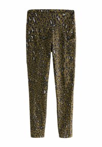 Koonuka leopardi mustriga retuusid oliivrohelises, millel on kõrge vöökoht, kaks küljetaskut ja veniv sile kangas.