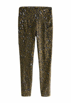 Leopardenmuster Leggings in olivgrün mit einem hohen Bund, zwei Seitentaschen und einem dehnbaren, glatten Stoff.