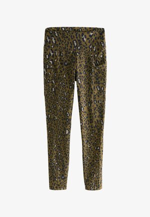 Leopardenmuster Leggings in olivgrün mit einem hohen Bund, zwei Seitentaschen und einem dehnbaren, glatten Stoff.
