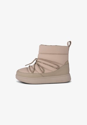 Beige high-top boot with a padded upper, elastic laces, and a textured side panel. Features a soft rubber sole with branding.