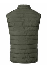 Olivgrüne Daunenweste mit horizontal gestepptem Muster, Kragen, ohne Ärmel und seitlichen Taschen. Hergestellt aus einem leichten, wasserabweisenden Material.