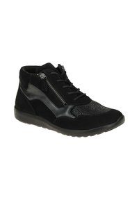 Black mid-top shoes made of suede and shiny synthetic material. Features a textured side panel, zip closure, and rubber sole.