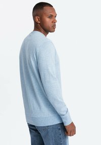 Sudadera de manga larga de color azul claro con puños y dobladillo de canalé, hecha de tela suave, con cuello redondo y ajuste casual.