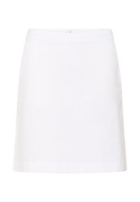 Jupe en coton blanc au design droit, longueur mi-cuisse, et fermeture éclair dissimulée au dos. Texture lisse, sans motifs ni accents visibles.