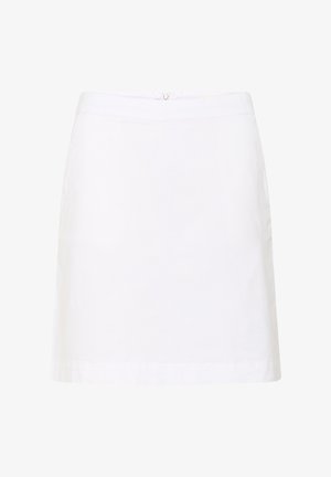 Gonna bianca in cotone con design dritto, lunghezza a metà coscia e chiusura zip nascosta sul retro. Tessuto liscio, senza motivi o dettagli visibili.