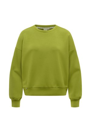 Lange mouwen limegroene trui met ronde hals, geribbelde manchetten en tailleband, afgebeeld op een effen witte achtergrond.