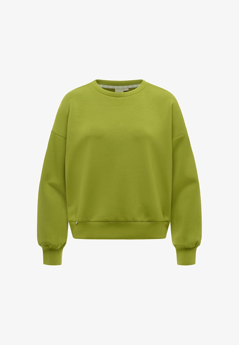 Sweatshirt vert citron à manches longues avec col ras du cou, poignets et ceinture côtelés, présenté sur un fond blanc uni.
