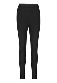 Mustad leggings, mis on valmistatud venivast kangast, millel on kõrge vöökoht ja keha järgiv disain, mis kitseneb pahkluu juures, ilma mustriteta.