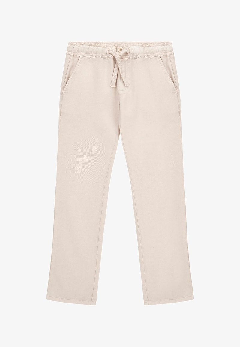 Hellbeige Jogginghosen mit einem elastischen Bund, Kordelzug, zwei seitlichen Taschen und geradem Bein aus weichem Baumwollmaterial.