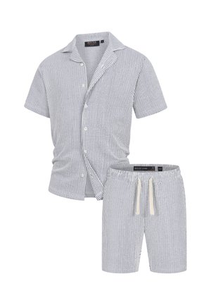 Striped short-sleeve shirt and shorts set. Shirt features a collar, buttons, and thin blue-and-white stripes; shorts have an elastic waistband and drawstring.