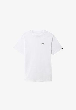 T-shirt bianco in cotone con maniche corte, caratterizzato da un piccolo logo nero "VANS" sul petto e un'etichetta nera sull'orlo.