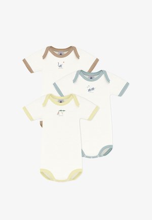 Drie witte babybody's met korte mouwen en gestreepte rand in bruin, blauw en geel, elk met kleine dierenontwerpen op de borst.