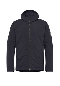 Dunkelblauer wasserdichter Jacke mit Kapuze, vollem Frontreißverschluss und Seitentaschen. Hat eine glatte Textur, elastische Bündchen und ein minimalistisch gestaltetes Design.