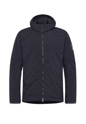 Dunkelblauer wasserdichter Jacke mit Kapuze, vollem Frontreißverschluss und Seitentaschen. Hat eine glatte Textur, elastische Bündchen und ein minimalistisch gestaltetes Design.