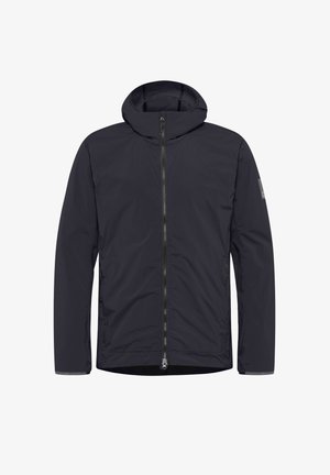 Dunkelblauer wasserdichter Jacke mit Kapuze, vollem Frontreißverschluss und Seitentaschen. Hat eine glatte Textur, elastische Bündchen und ein minimalistisch gestaltetes Design.