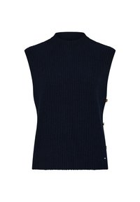 Dunkelblaues, geripptes, ärmelloses Stricktop mit hohem Kragen und seitlichen Knopfakzenten. Weiche Textur mit figurbetonter Silhouette.