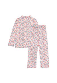 Ensemble de pyjama à manches longues en tissu léger, avec un motif floral composé de fleurs rouges et bleues sur un fond blanc. Ajustement doux et confortable.