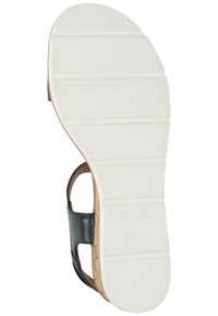 Černé kožené sandály s korkovou střední podešví a bílou gumovou podrážkou. Vyznačují se širokým popruhem a texturovanou podrážkou pro lepší přilnavost.