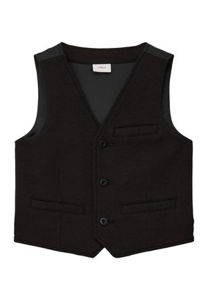 Sort ærmeløs vest med tre knapper og tre skrålommer, med V-udskæring og skræddersyet design.