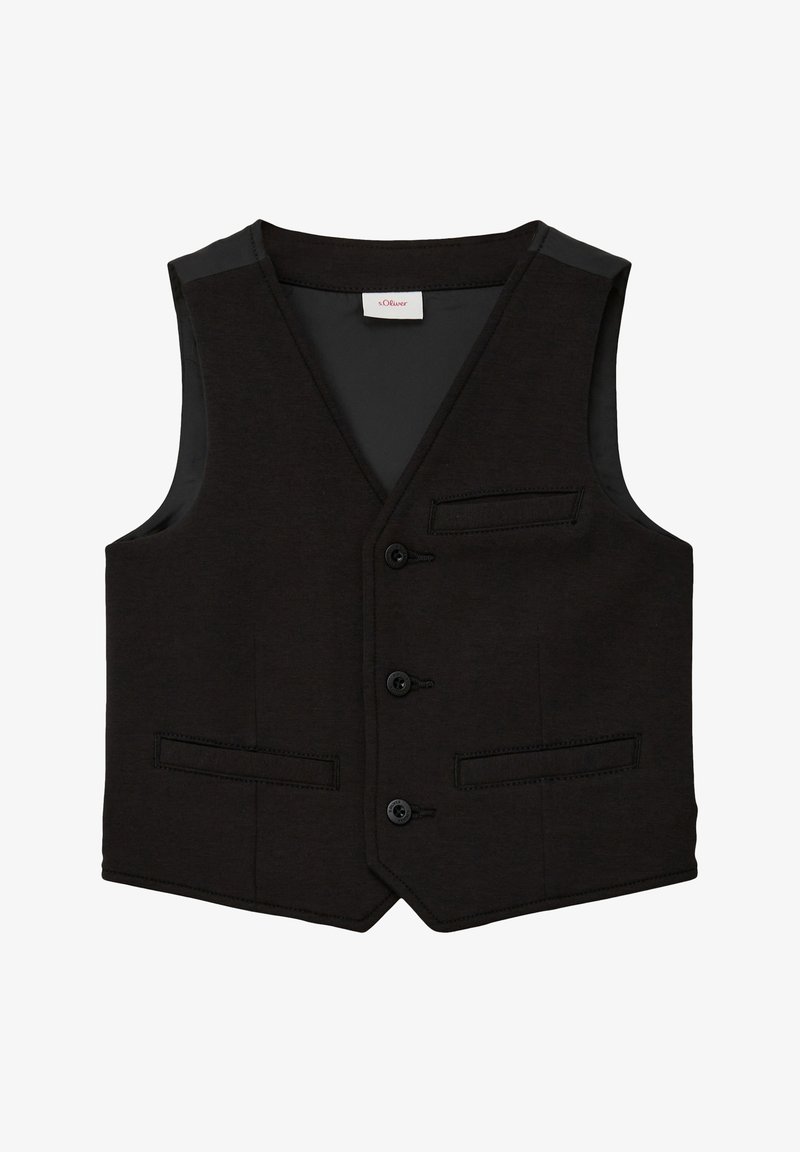 Gilet noir sans manches avec trois boutons et trois poches fendues, présentant un col en V et une coupe ajustée.