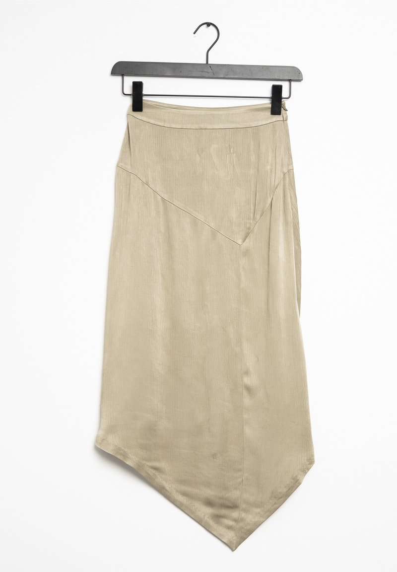 Beige asymmetrisk kjol med ett slätt, lätt strukturerat tyg, med en hög midjeband och diagonala sömdetaljer.