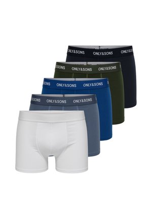 Cinco bóxers de hombre en blanco, gris, azul, verde y negro con cinturillas de la marca "ONLY&SONS", dispuestos en una fila escalonada.
