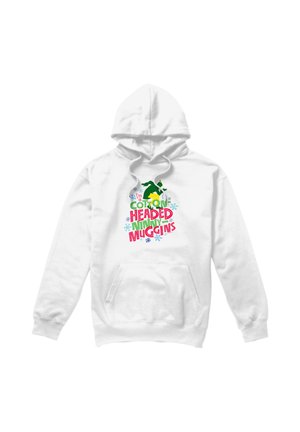 White hoodie with kangaroo pocket featuring a green silhouette and colorful text reading "I'm a cotton-headed ninny muggins" surrounded by blue snowflakes.