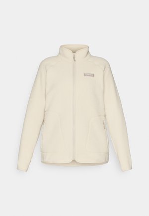 Crème-kleurige fleecejack met een rits aan de voorkant, hoge kraag en zijzakken, met een klein logo op de bovenkant van de linkerbovenborst.