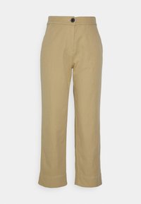 Khaki lightweight pants with a straight cut, featuring a single button closure and contrasting stitching details along the waist and hems.