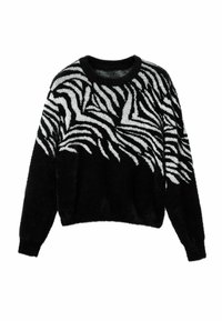 Schwarzer, flauschiger Pullover mit einem zebramuster in Weiß, rundem Halsausschnitt und langen Ärmeln. Der Stoff wirkt weich und strukturiert.