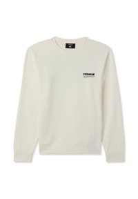Jasno kremowy sweatshirt z długimi rękawami, ściągaczami na mankietach, okrągłym dekoltem oraz małym czarnym nadrukiem "VENICE" na lewej piersi. Miękka tkanina.