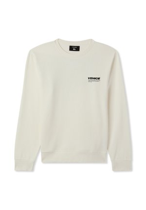 Felpa color crema con maniche lunghe, polsini a coste, colletto rotondo e una piccola grafica nera "VENICE" sul lato sinistro del petto. Tessuto morbido.