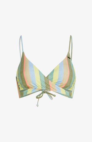 Dreieck-Bikinitop mit verstellbaren Trägern und mehrfarbigen vertikalen Streifen in Grün, Blau, Gelb, Pink und Beige, vorne in der Mitte gebunden.