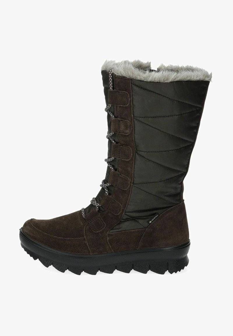 Botas impermeables de ante marrón y nylon negro con ribete de pelo sintético, superficie texturada, parte delantera con cordones y suela de goma negra resistente.