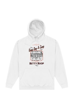 Biały hoodie z graficznym nadrukiem Betty Boop oraz napisem "Boop-Oop-A-Doop", okrągłym dekoltem i kieszenią kangurkową. Miękka struktura materiału.