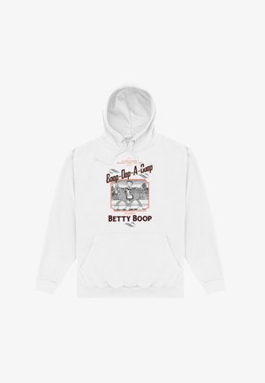 Biały hoodie z graficznym nadrukiem Betty Boop oraz napisem "Boop-Oop-A-Doop", okrągłym dekoltem i kieszenią kangurkową. Miękka struktura materiału.