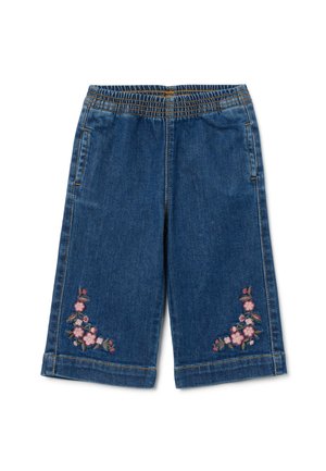 Denim culottes met een elastische tailleband, donkerblauwe kleur en bloemenborduuraccenten aan de zoom. Voorzien van zijzakken en opgerolde mouwen.