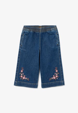 Culottes de denim con cintura elástica, color azul oscuro y acentos de bordado floral en el dobladillo. Presenta bolsillos laterales y puños remangados.
