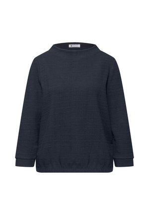 Ciemnogranatowa teksturowana bluzka z długim rękawem, okrągłym dekoltem i prostym dołem.