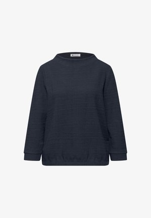 Donkerblauw, gestructureerd, langärmelig topje met een ronde halslijn en een rechte zoom.