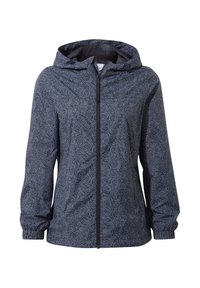 Navy blue jacket with a hood, featuring a white abstract pattern, front zipper closure, elastic cuffs, and a lightweight material.