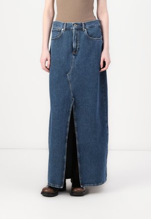 Denim maxi skirt, blue, with front slit, high waist, five-pocket design, and belt loops. Textured fabric with slight fading.