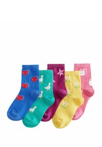 Set di cinque calzini colorati: blu con cuori rossi, turchese con anatre, viola con stelle, giallo con fiori e rosa con coniglietti.