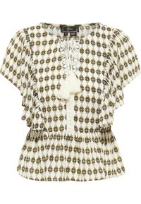 Kortærmet bluse i hvidt stof med et diamantmønster i sort og guld. Har blonder og kvaster ved halsudskæringen.