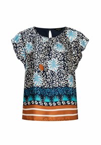 Navyblaue Bluse mit kurzen Ärmeln und floralem Muster in Weiß und Türkis, mit einer Schlüsselrückenöffnung und einem braunen gestreiften Saumakzent.