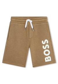 Pantaloni corti marroni realizzati in tessuto testurizzato, con un cordino bianco e un grande logo bianco "BOSS" stampato verticalmente sulla gamba sinistra.