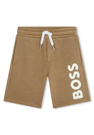 Pantaloni corti marroni realizzati in tessuto testurizzato, con un cordino bianco e un grande logo bianco "BOSS" stampato verticalmente sulla gamba sinistra.